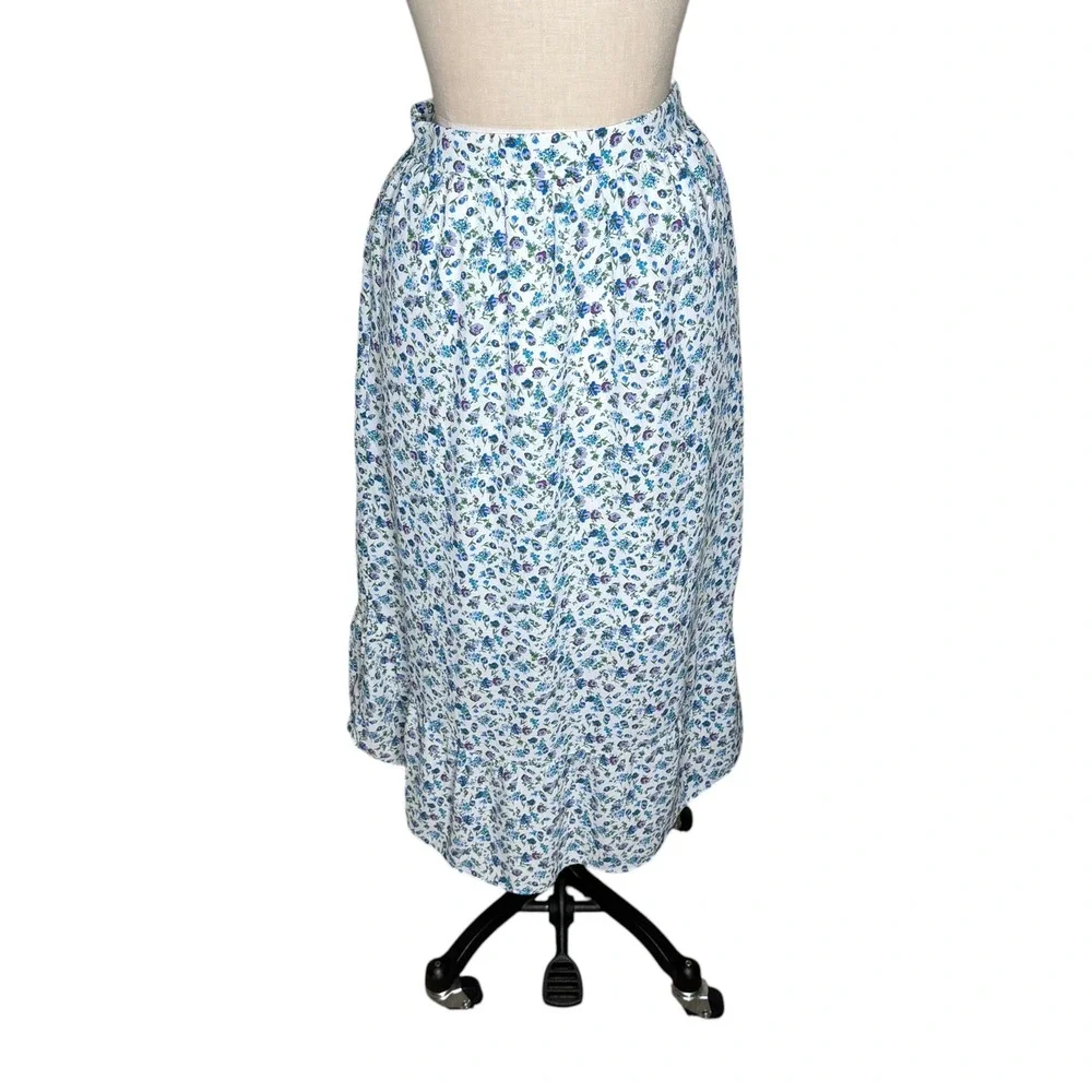 H HALSTON Floral Midi Skirt White Blue Ditsy Print Ruffle Women's Size XS Preppy